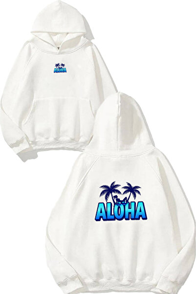 VSRN Hanorac cu glugă alb supradimensionat cu imprimeu Aloha Design