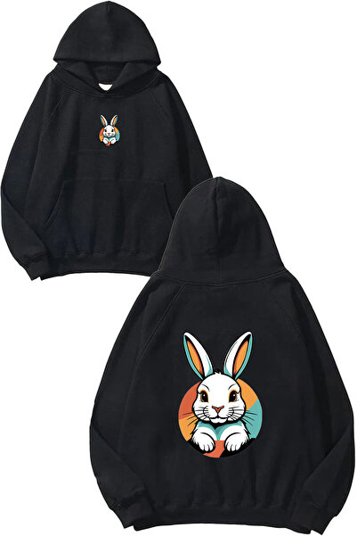 VSRN Hanorac negru supradimensionat cu glugă, cu imprimeu Sweet Rabbit Design