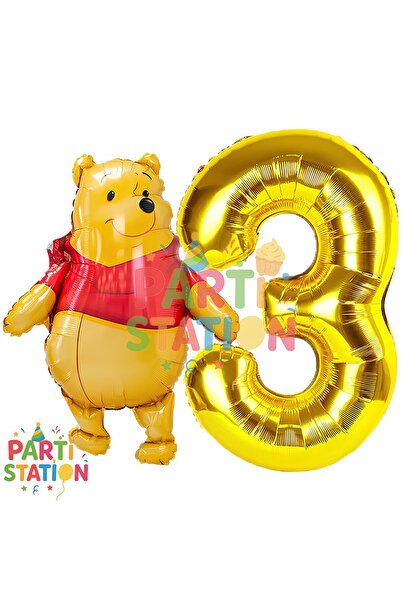 Parti Station Winnie The Pooh Temalı 3 Yaş Gold Folyo Rakam Balon Seti