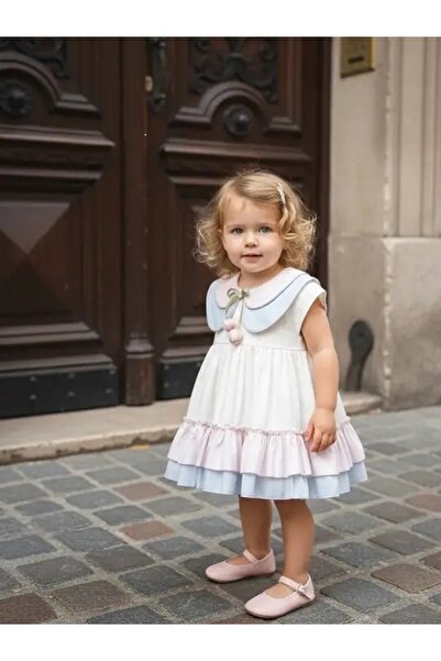 limebabies Baby Girl Tulip Ribbon Detailed 9-12-18-24 Months Double Collar Ru...