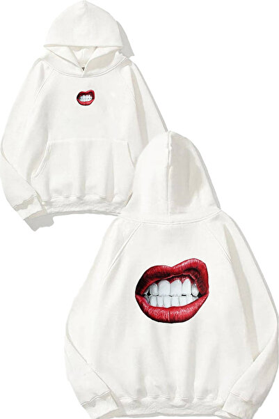 VSRN Hanorac alb supradimensionat cu glugă, cu imprimeu Red Lip Design