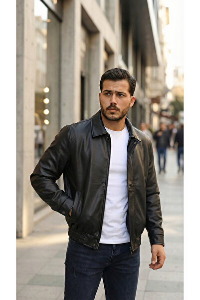 viyamen Ανδρικό κομψό δερμάτινο μπουφάν με επένδυση