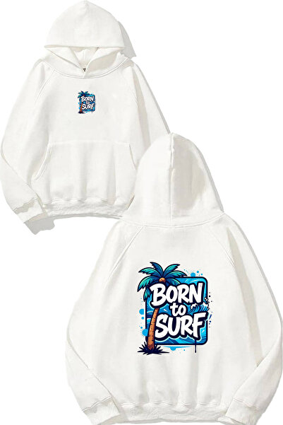 VSRN Hanorac alb supradimensionat cu glugă, cu imprimeu Born To Surf Design