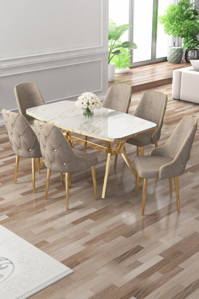 Canisa Asel Serisi 90x160 Lak Panel Beyaz Mermer Desen Gold Ayaklı 6 Cappucin...