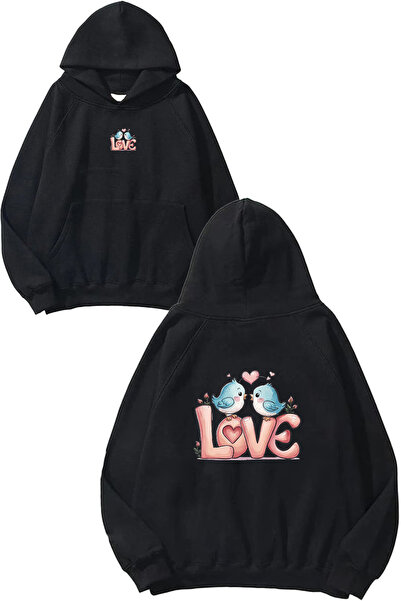 VSRN Φούτερ με στάμπα Love Birds Design, μεγάλου μεγέθους, μαύρο, με κουκούλα