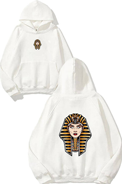 VSRN Hanorac alb supradimensionat cu glugă, imprimat cu design Pharaoh