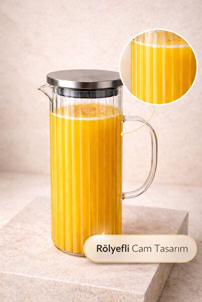 tutku home Metal Kapaklı Rölyefli Borosilikat Cam Sürahi - 1,5 Litre
