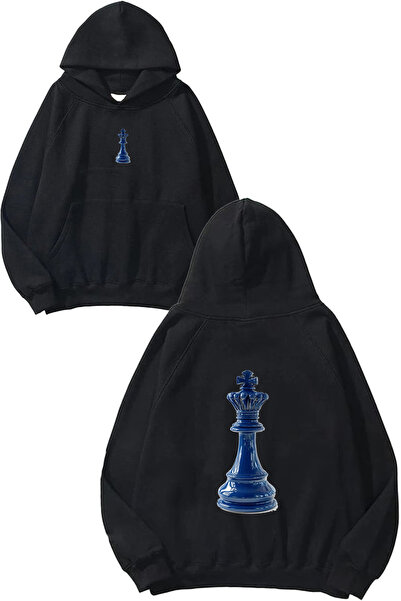 VSRN Hanorac negru supradimensionat cu glugă, cu imprimeu Blue Shah Design