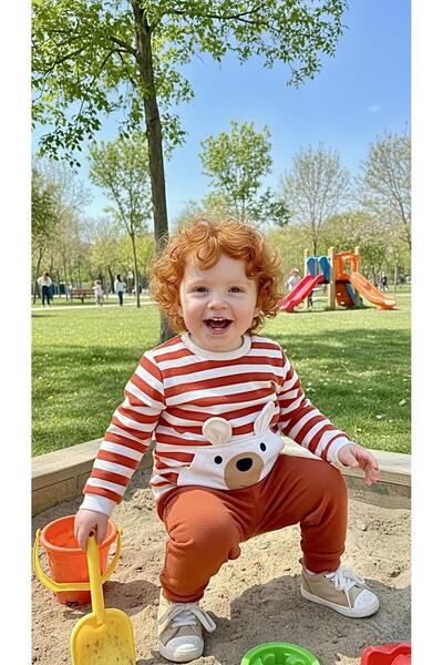 Sinem Çeyiz Bıcır 0040 Orange Striped Teddy Bear Tracksuit Set with Straps