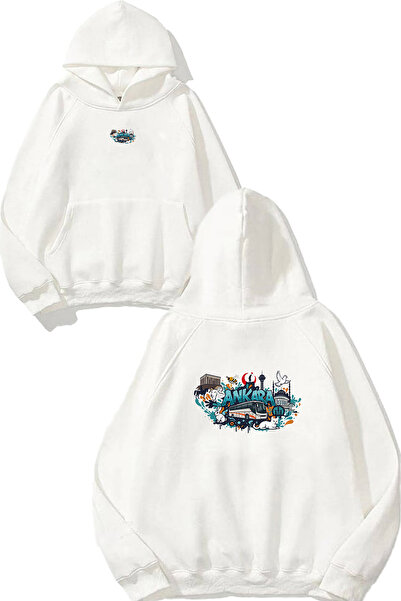 VSRN أنقرة ديزاين مطبوع قصة فضفاضة سويت شيرت أبيض بغطاء رأس