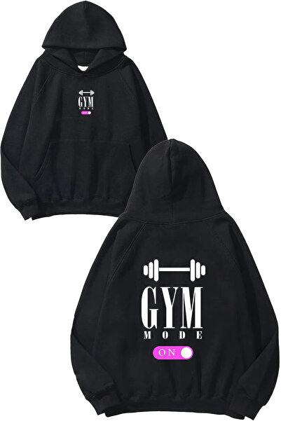 VSRN Hanorac negru supradimensionat cu glugă, cu imprimeu Gym Mode 182
