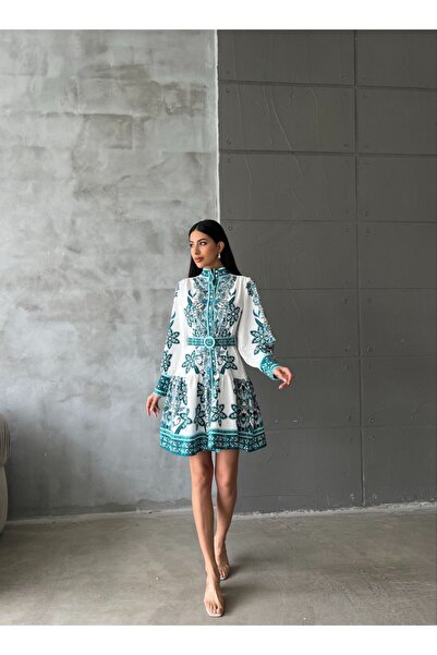 1Moda1Tarz Imported Crepe Fabric Floral Patterned Dress with Belt Included Sp...