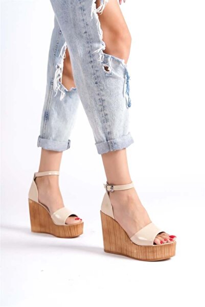 Difolia Women's Beige Patent Leather Single Strap High Wedge Sole Shoes