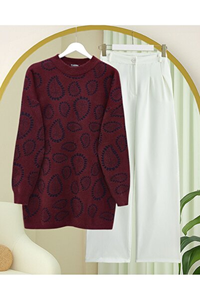 Kirazgym Women's Stand Collar Drop Patterned Bearded Loose Knit Sweater - Nav...