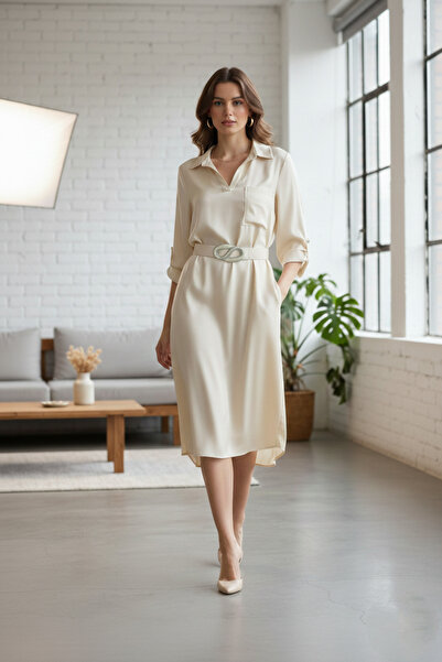 Novinka Krem rengi elbise kemerli midi elbise, gömlek yaka elbise.