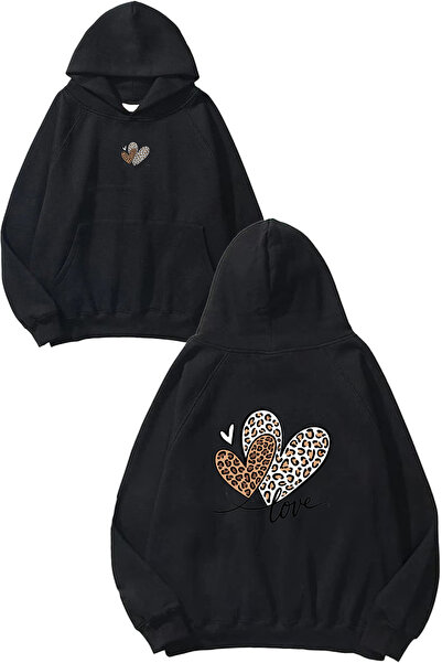 VSRN Hanorac negru supradimensionat cu glugă, cu imprimeu Love Leopat Design