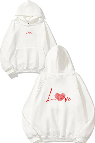 VSRN Hanorac alb supradimensionat cu glugă, imprimat cu design Love 1