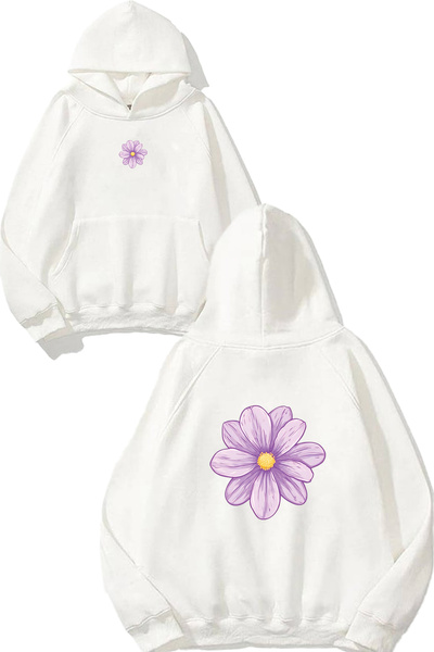 VSRN Hanorac alb supradimensionat cu glugă, cu imprimeu floral violet