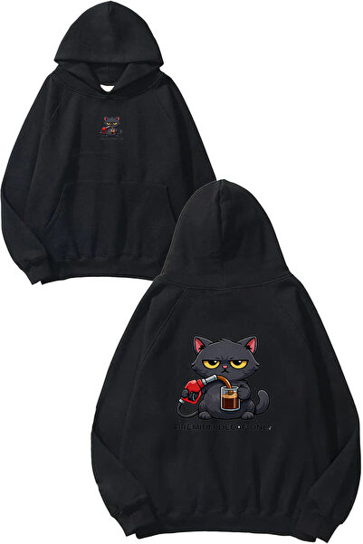 VSRN Hanorac negru supradimensionat cu glugă, cu imprimeu Coffe Cat Design
