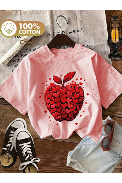 ALEYZA MODA ELMA Ειδικά Τυπωμένο Βαμβακερό T-Shirt με Λαιμόκοψη Ποδηλάτου σε ...