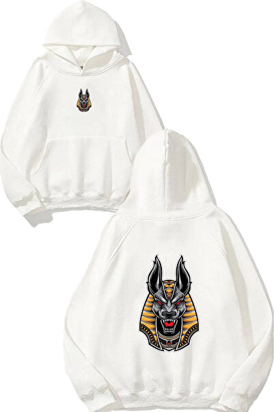 VSRN Hanorac alb supradimensionat cu glugă, cu imprimeu Red-Eyed Wolf Design