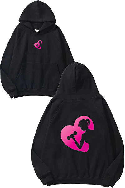 VSRN Hanorac negru supradimensionat cu glugă, cu imprimeu Hearted Women's Design