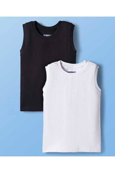 Pine kids صدريات محبوكة بدون أكمام بلون موحد، عبوة من قطعتين - أبيض وأسود