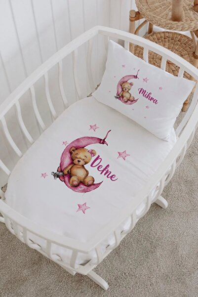 Lilabio İsme Özel %100 Pamuk Lastiksiz Park Yatak Çarşaf Seti (100X120)Pembe ...