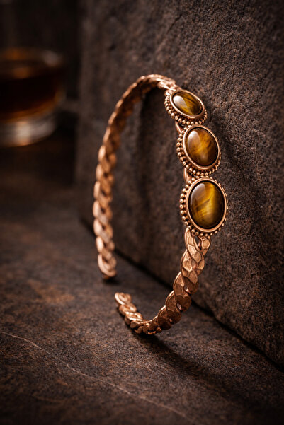 İyyaKee Women's Copper Bracelet with 3 Rows of Natural Tiger's Eye Stones, Tw...