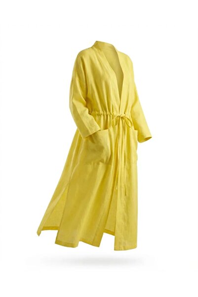 Suem Butik Bağlama Detaylı Cepli Sarı Kimono Kap