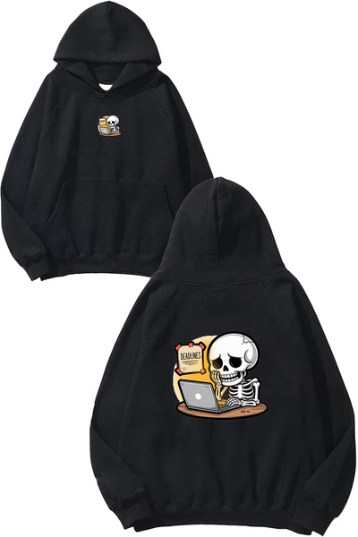 VSRN Hanorac negru supradimensionat cu glugă, imprimat cu design Skeleton Fri...