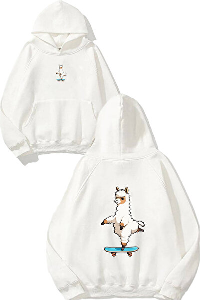 VSRN Skateboarder Lama Design Printed Oversize White Hooded Sweatshirt