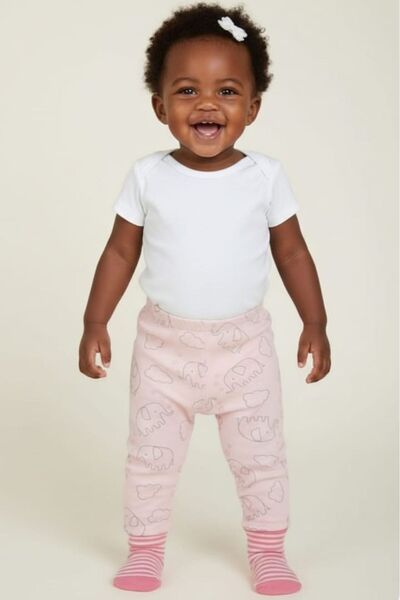 Fuar Baby Pink Elephant Patterned Baby Girl 100% Cotton Self-Sock Pants - Sof...
