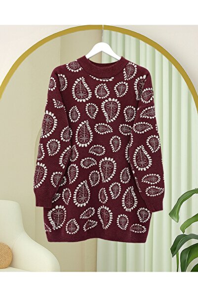 Kirazgym Women's Stand Collar Drop Patterned Bearded Loose Knit Sweater - Pat...