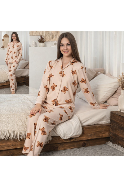 Çekmece Milan Fabric Teddy Bear Patterned Women's Pajama Set – Shirt Collar, ...