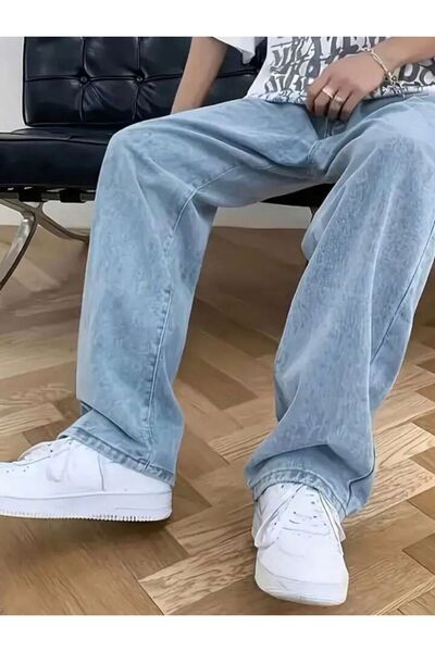 oraystore Men's Ice Blue Straight Baggy Fit Lycra-Free Comfortable Cut Jeans ...