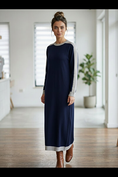 Kirazca Butik Women's Mercerized Fabric Long Knit Dress with Stripe Detail