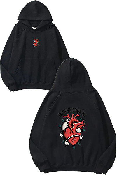 VSRN Hanorac negru supradimensionat cu glugă, cu imprimeu Heart 3 Design