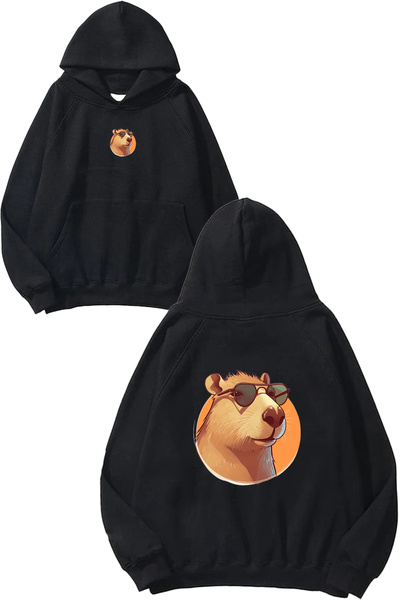 VSRN Hanorac negru supradimensionat cu glugă, cu imprimeu cu design Capybara ...