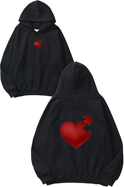 VSRN Hanorac negru supradimensionat cu glugă, cu imprimeu Yapboz Heart Design