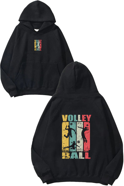 VSRN Hanorac negru supradimensionat cu glugă, imprimat cu design Voleyball 2