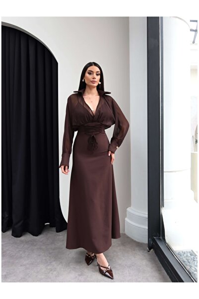 ESRAHELVACI Bel Detay Tüllü Uzun Elbise