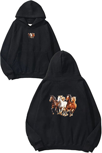 VSRN Hanorac negru supradimensionat cu glugă, cu imprimeu Running Horses Design
