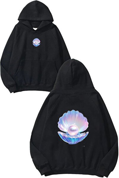 VSRN Hanorac negru supradimensionat cu glugă, cu imprimeu Pearl Shell Design