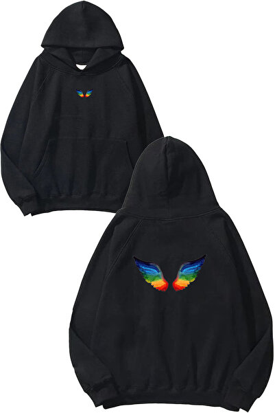 VSRN Hanorac negru supradimensionat cu glugă, cu imprimeu cu design Colorful ...