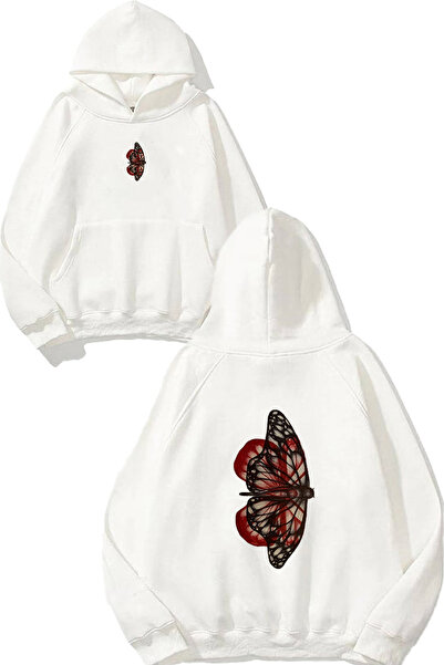 VSRN Hanorac alb supradimensionat cu glugă, cu imprimeu Butterfly Design