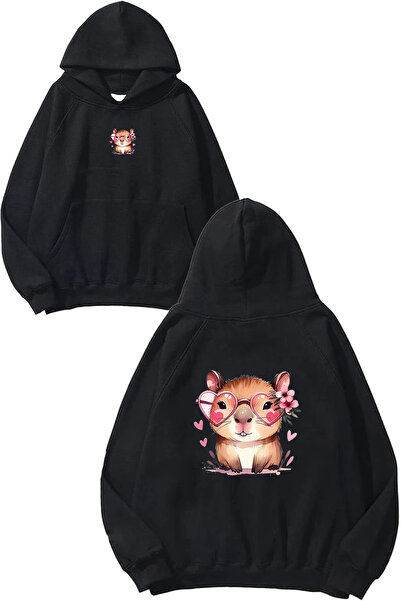 VSRN Sweet Hamster Design Printed Oversize Black Hooded Sweatshirt