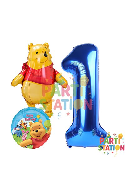 Parti Station Winnie The Pooh Temalı 1 Yaş Koyu Mavi Folyo Rakam Balon Seti 3...