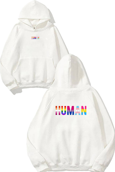 VSRN Human 1 Design Printed Oversize White Hooded Sweatshirt
