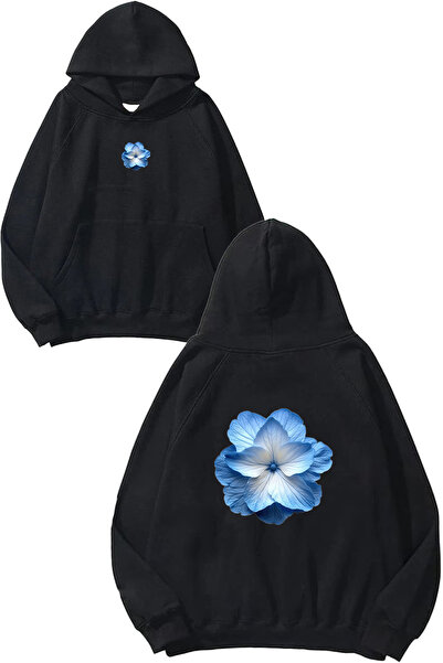 VSRN Hanorac negru supradimensionat cu glugă, cu imprimeu Blue Tulip Design